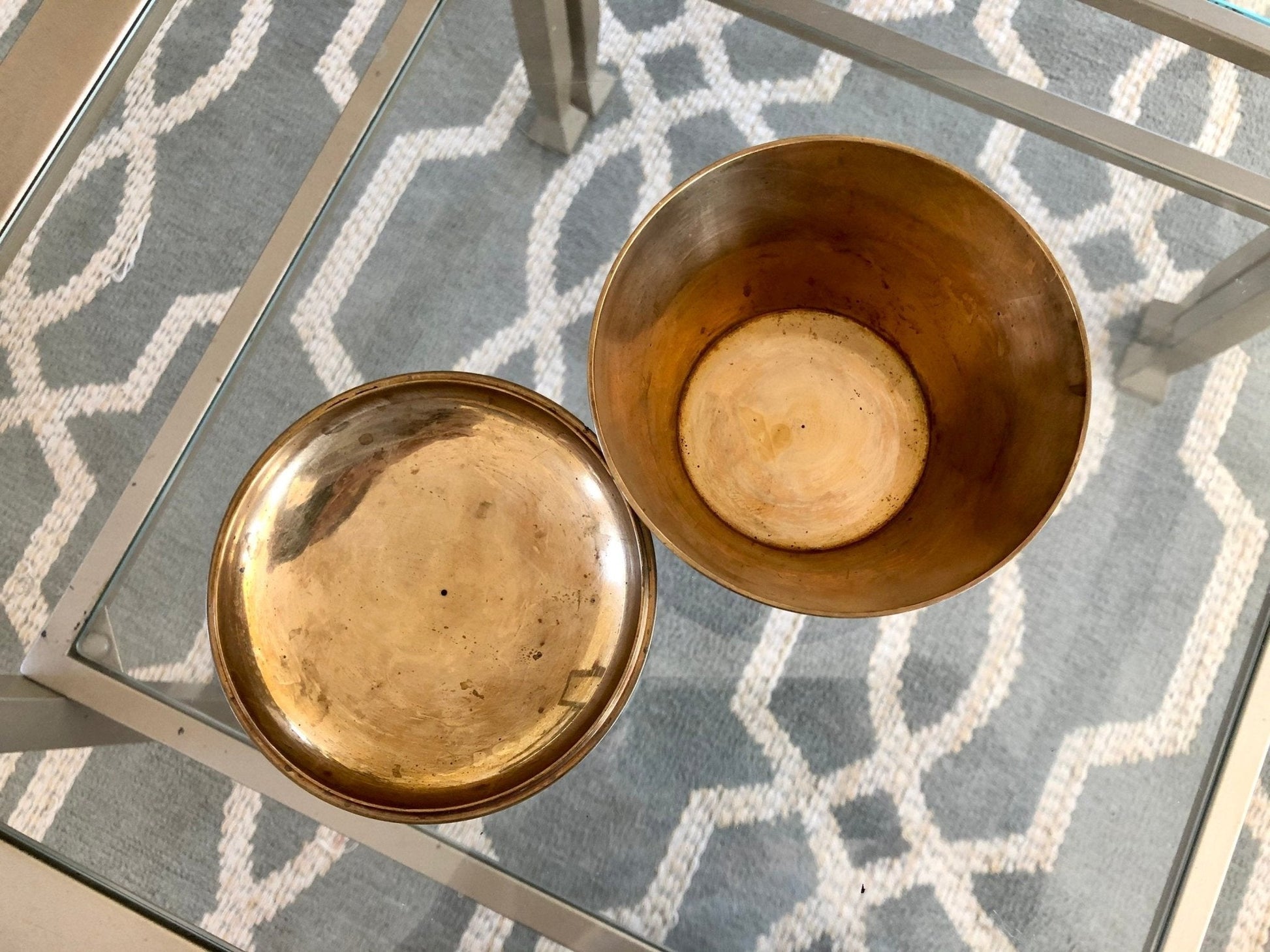Etched Brass Trinket Dish with Lid — Beige, Pink & Blue Zigzag Enamel, 4.5"W, Found in France - Loom Vintage