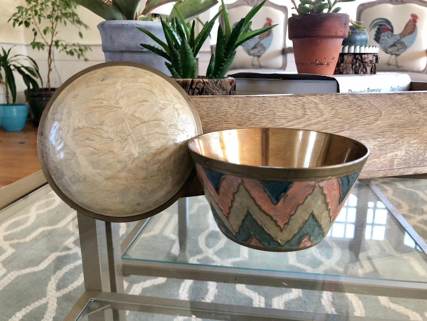 Etched Brass Trinket Dish with Lid — Beige, Pink & Blue Zigzag Enamel, 4.5"W, Found in France - Loom Vintage
