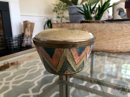 Etched Brass Trinket Dish with Lid — Beige, Pink & Blue Zigzag Enamel, 4.5"W, Found in France - Loom Vintage
