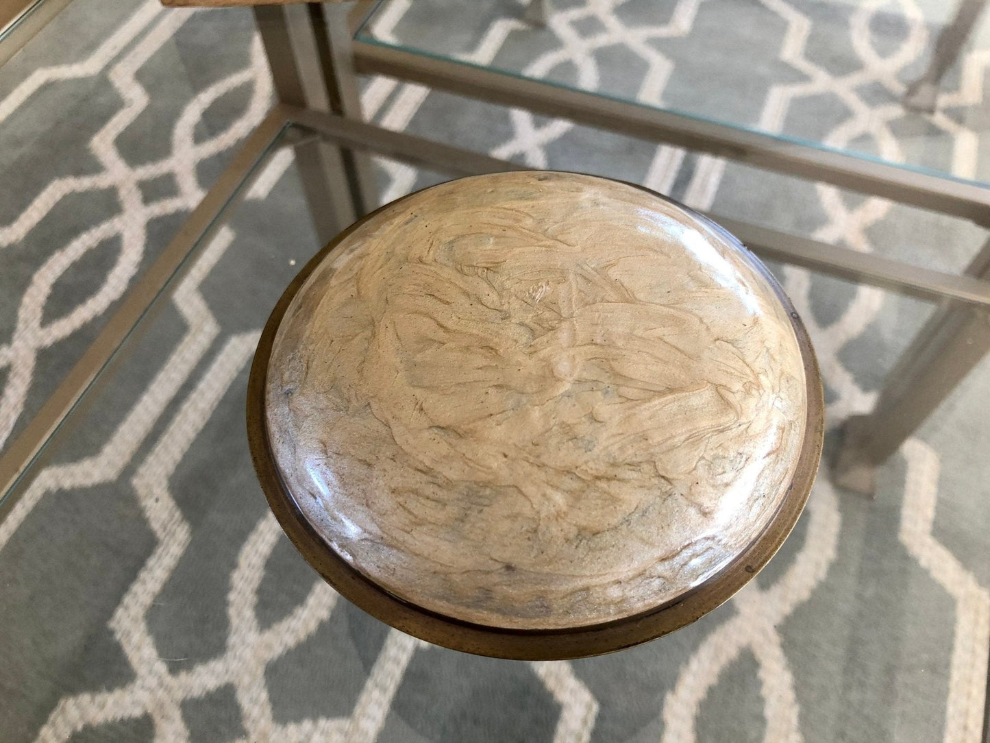 Etched Brass Trinket Dish with Lid — Beige, Pink & Blue Zigzag Enamel, 4.5"W, Found in France - Loom Vintage