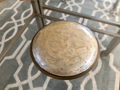 Etched Brass Trinket Dish with Lid — Beige, Pink & Blue Zigzag Enamel, 4.5"W, Found in France - Loom Vintage
