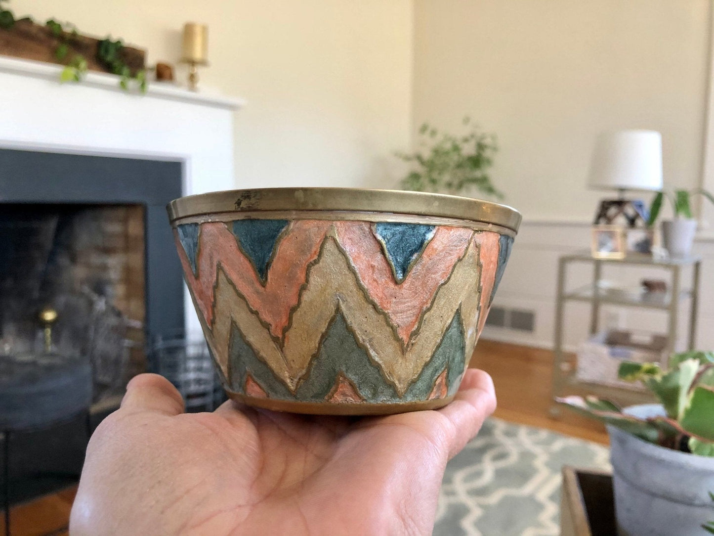 Etched Brass Trinket Dish with Lid — Beige, Pink & Blue Zigzag Enamel, 4.5"W, Found in France - Loom Vintage