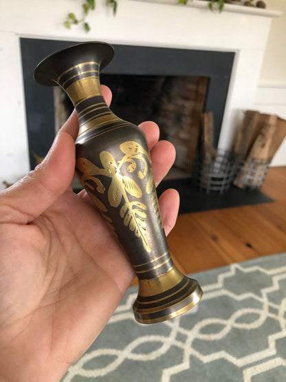 Etched Brass Vase — Floral Design on Gray Ground, 5.5"H, Vintage - Loom Vintage