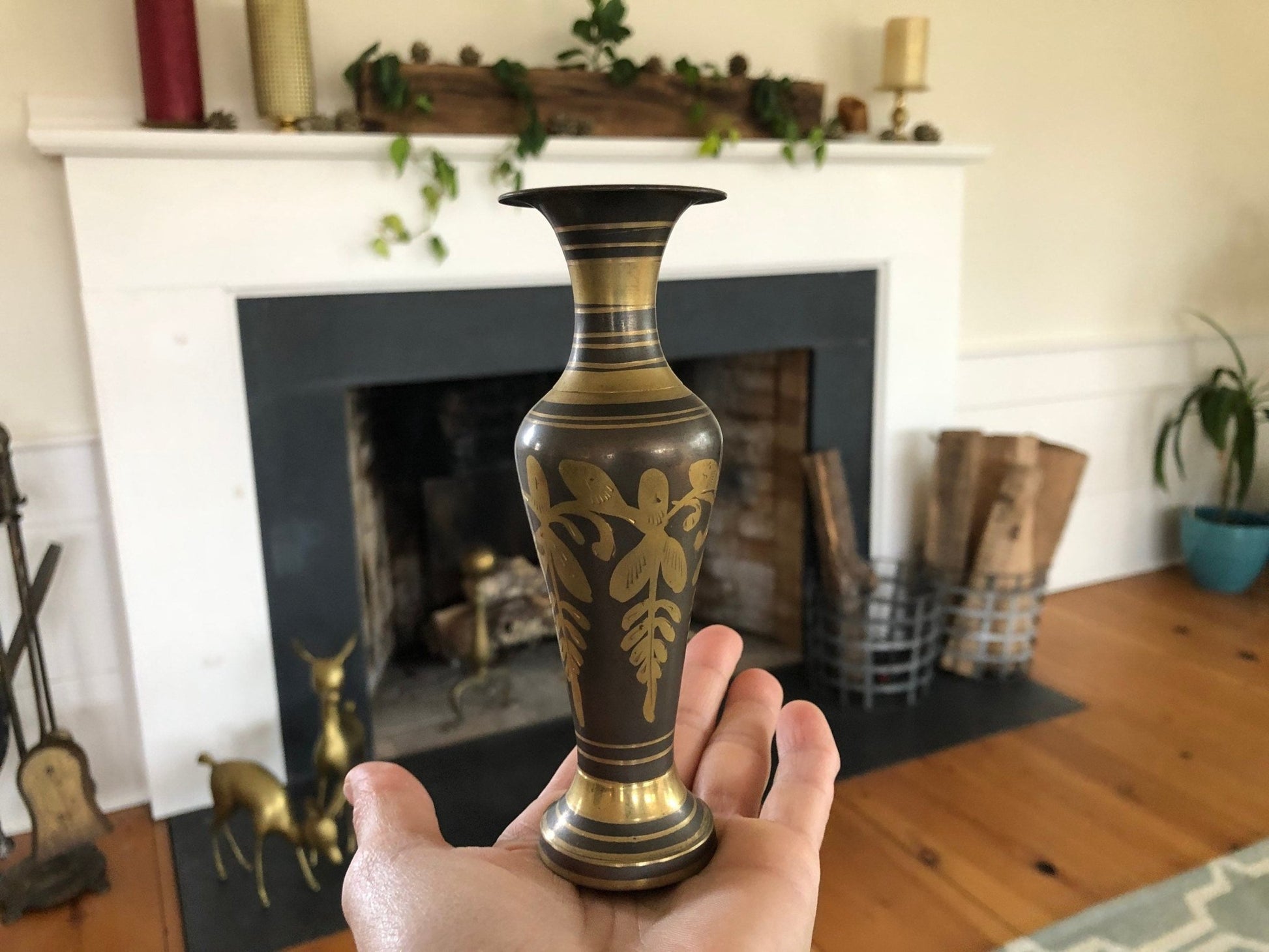 Etched Brass Vase — Floral Design on Gray Ground, 5.5"H, Vintage - Loom Vintage