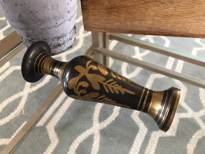Etched Brass Vase — Floral Design on Gray Ground, 5.5"H, Vintage - Loom Vintage