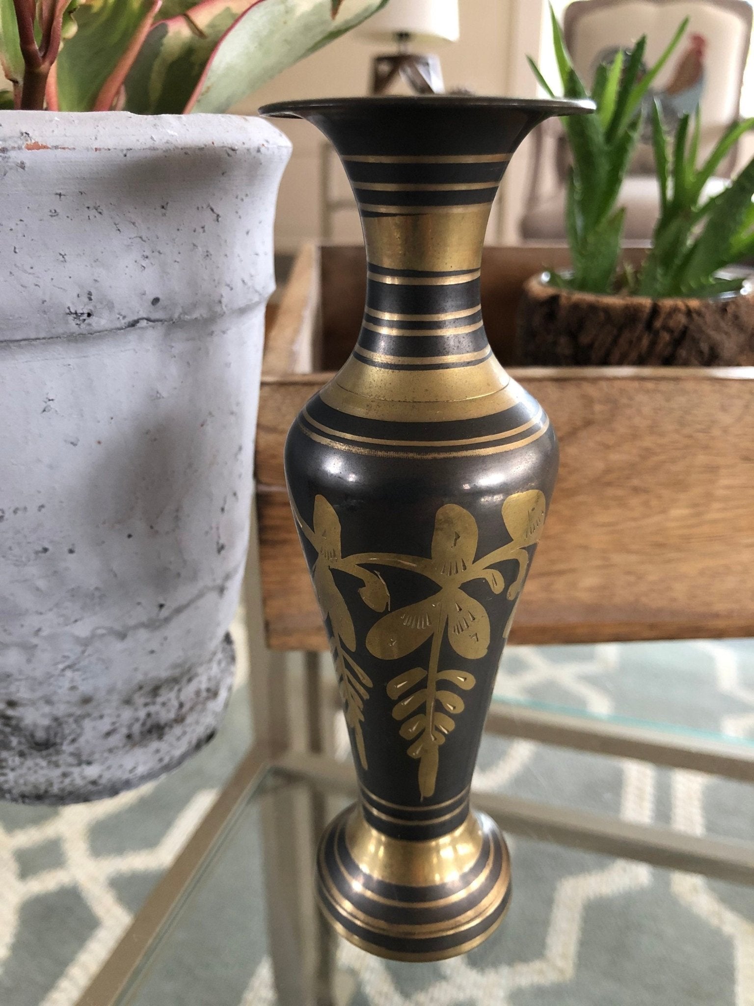 Etched Brass Vase — Floral Design on Gray Ground, 5.5"H, Vintage - Loom Vintage