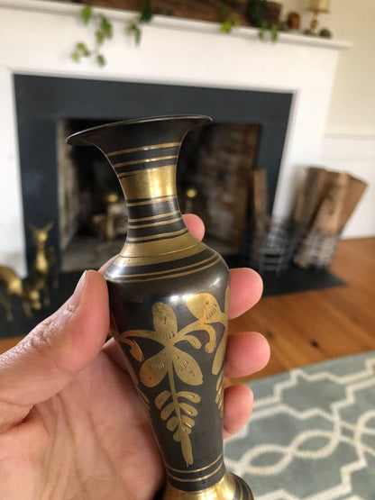 Etched Brass Vase — Floral Design on Gray Ground, 5.5"H, Vintage - Loom Vintage