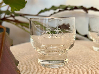 Etched Clipper Ship Cordial Glasses, Set of 6 — Nautical, Mid - 20th Century, 3"H - Loom Vintage