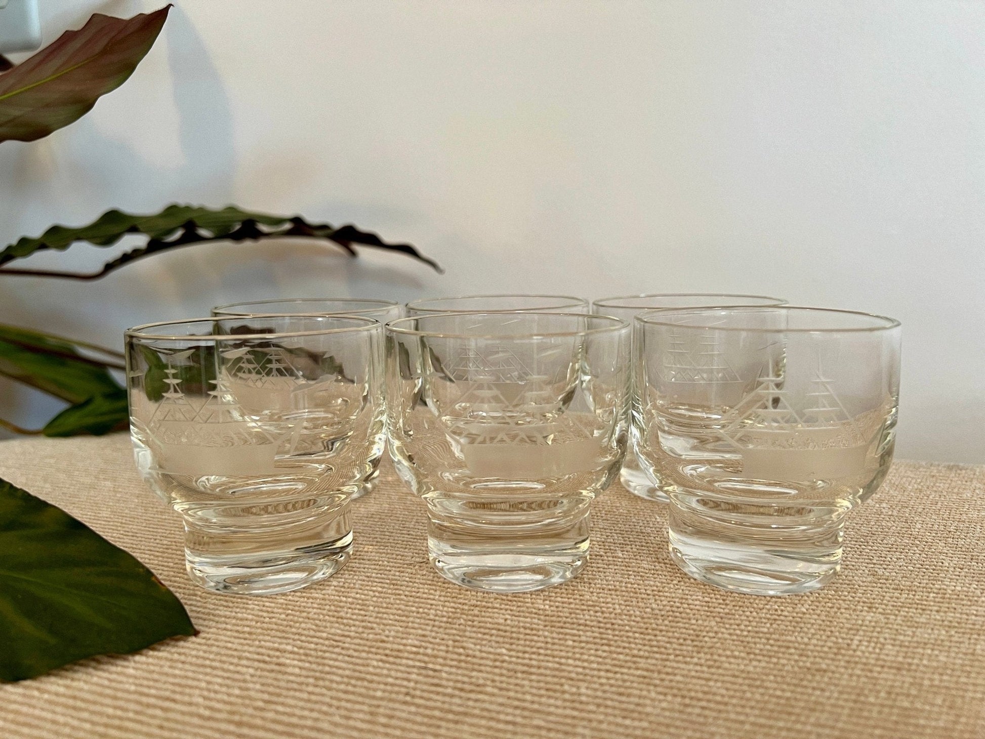 Etched Clipper Ship Cordial Glasses, Set of 6 — Nautical, Mid - 20th Century, 3"H - Loom Vintage