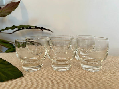 Etched Clipper Ship Cordial Glasses, Set of 6 — Nautical, Mid - 20th Century, 3"H - Loom Vintage