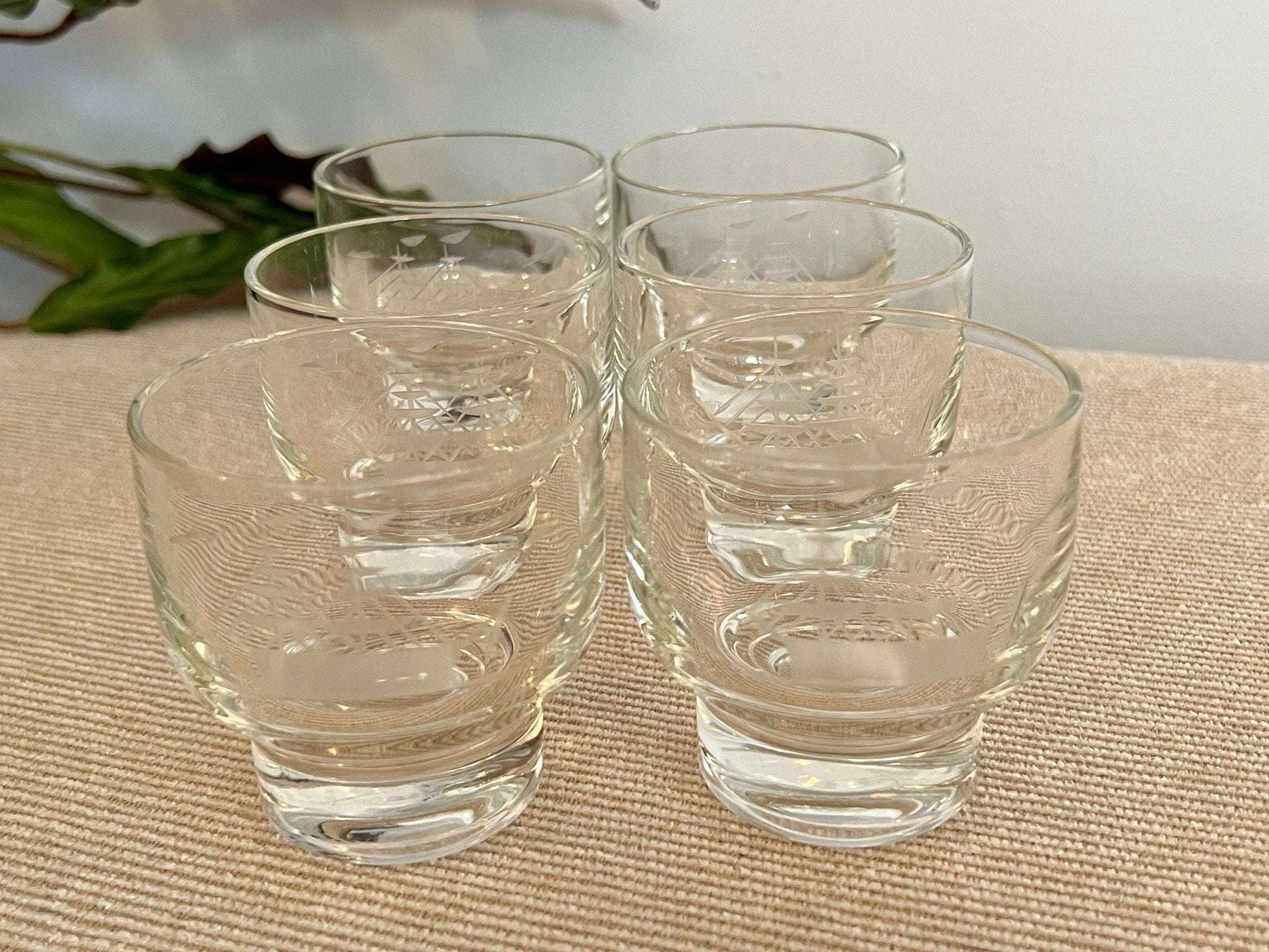 Etched Clipper Ship Cordial Glasses, Set of 6 — Nautical, Mid - 20th Century, 3"H - Loom Vintage