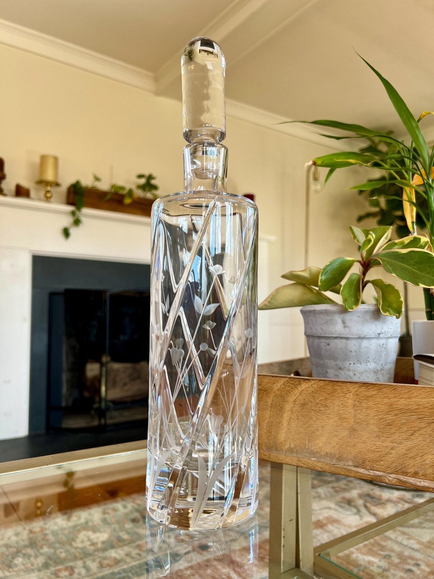Etched Crystal Decanter with Stopper — Deep Floral Design, 14" with Stopper - Loom Vintage