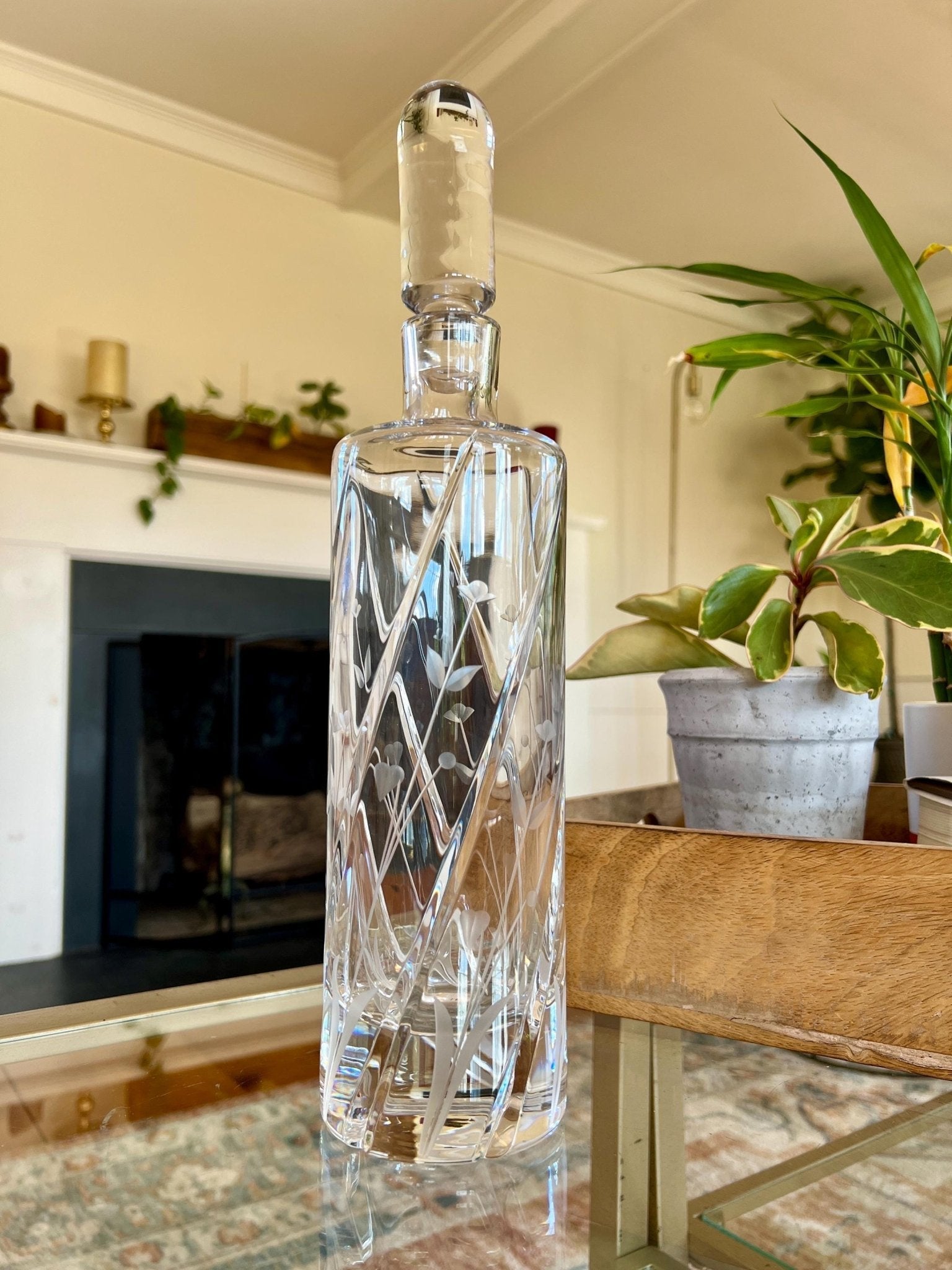Etched Crystal Decanter with Stopper — Deep Floral Design, 14" with Stopper - Loom Vintage