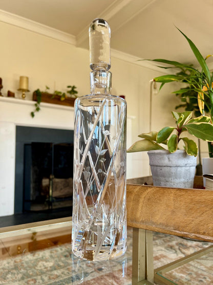 Etched Crystal Decanter with Stopper — Deep Floral Design, 14" with Stopper - Loom Vintage