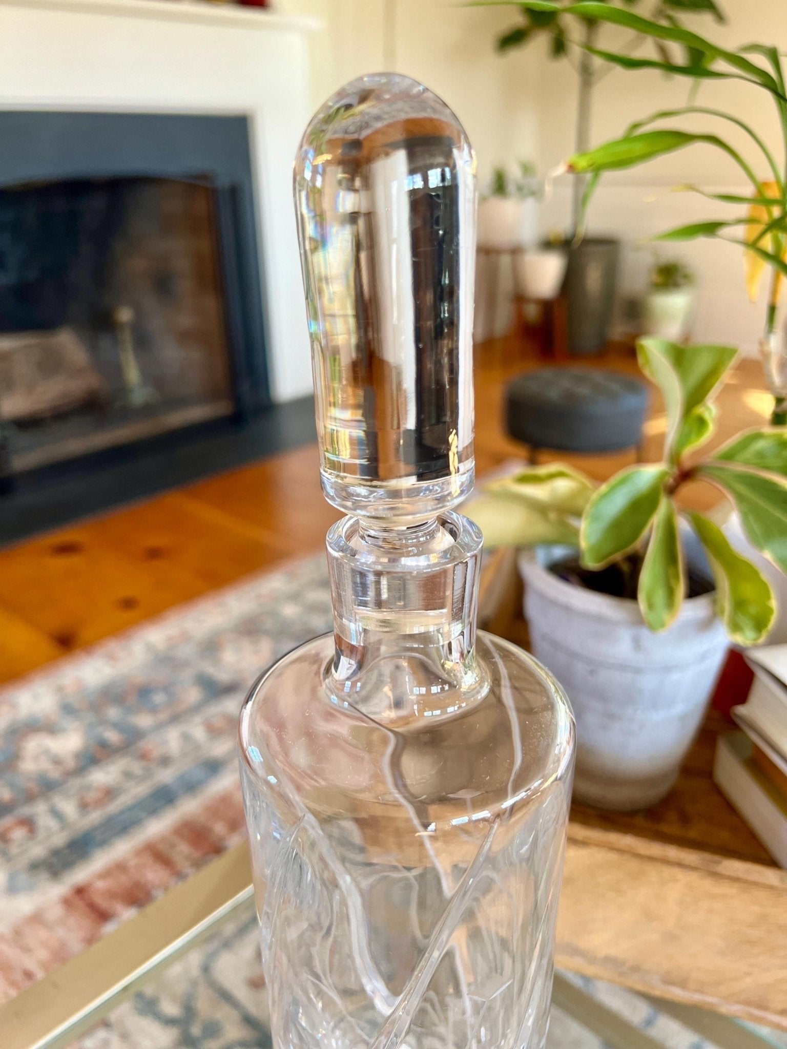 Etched Crystal Decanter with Stopper — Deep Floral Design, 14" with Stopper - Loom Vintage