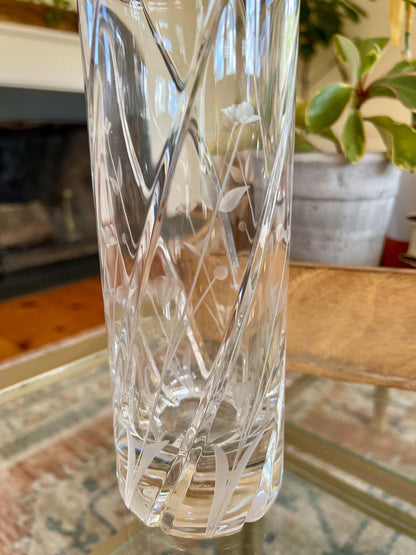 Etched Crystal Decanter with Stopper — Deep Floral Design, 14" with Stopper - Loom Vintage