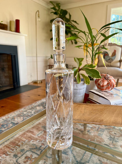 Etched Crystal Decanter with Stopper — Deep Floral Design, 14" with Stopper - Loom Vintage