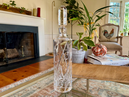 Etched Crystal Decanter with Stopper — Deep Floral Design, 14" with Stopper - Loom Vintage