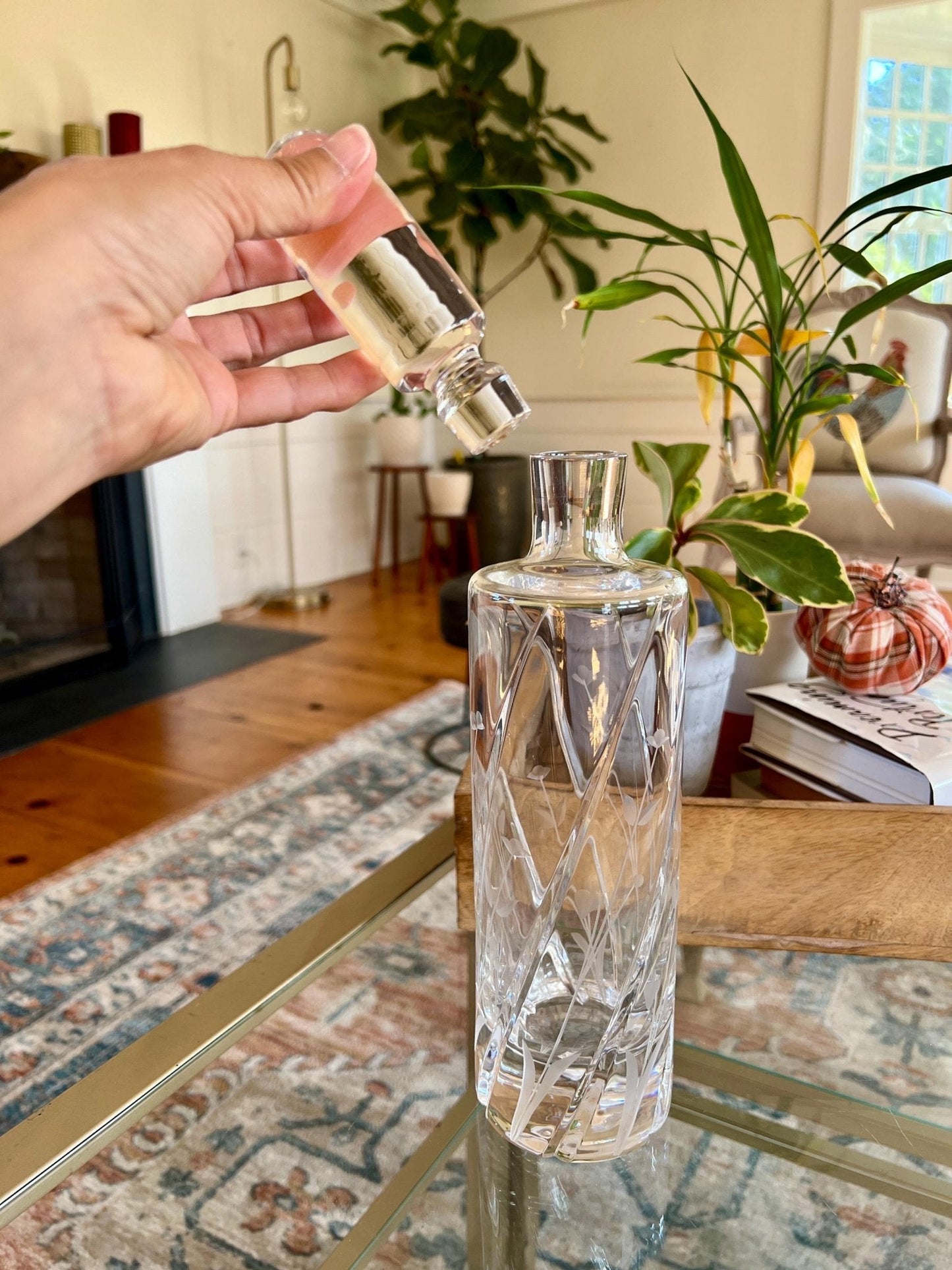 Etched Crystal Decanter with Stopper — Deep Floral Design, 14" with Stopper - Loom Vintage