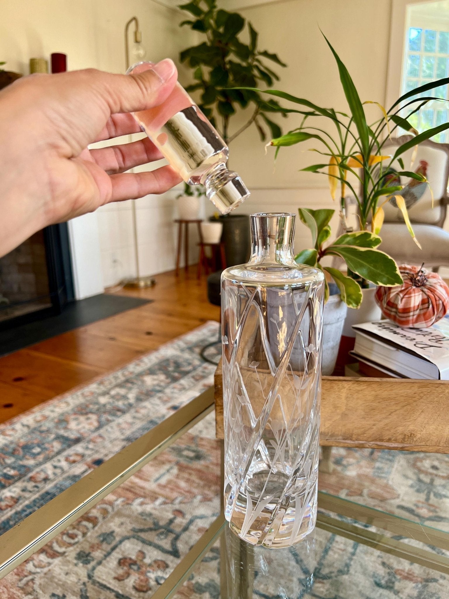 Etched Crystal Decanter with Stopper — Deep Floral Design, 14" with Stopper - Loom Vintage