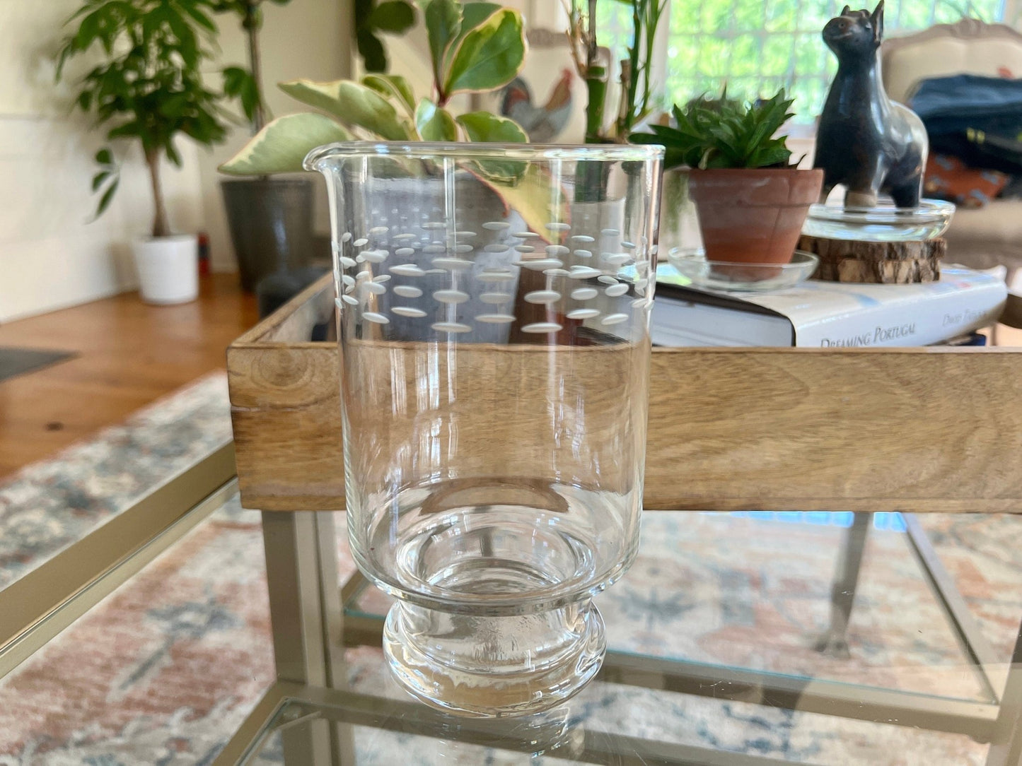 Etched Glass Carafe — Concentric Ring Band Pattern, Spout, 6.75"H - Loom Vintage