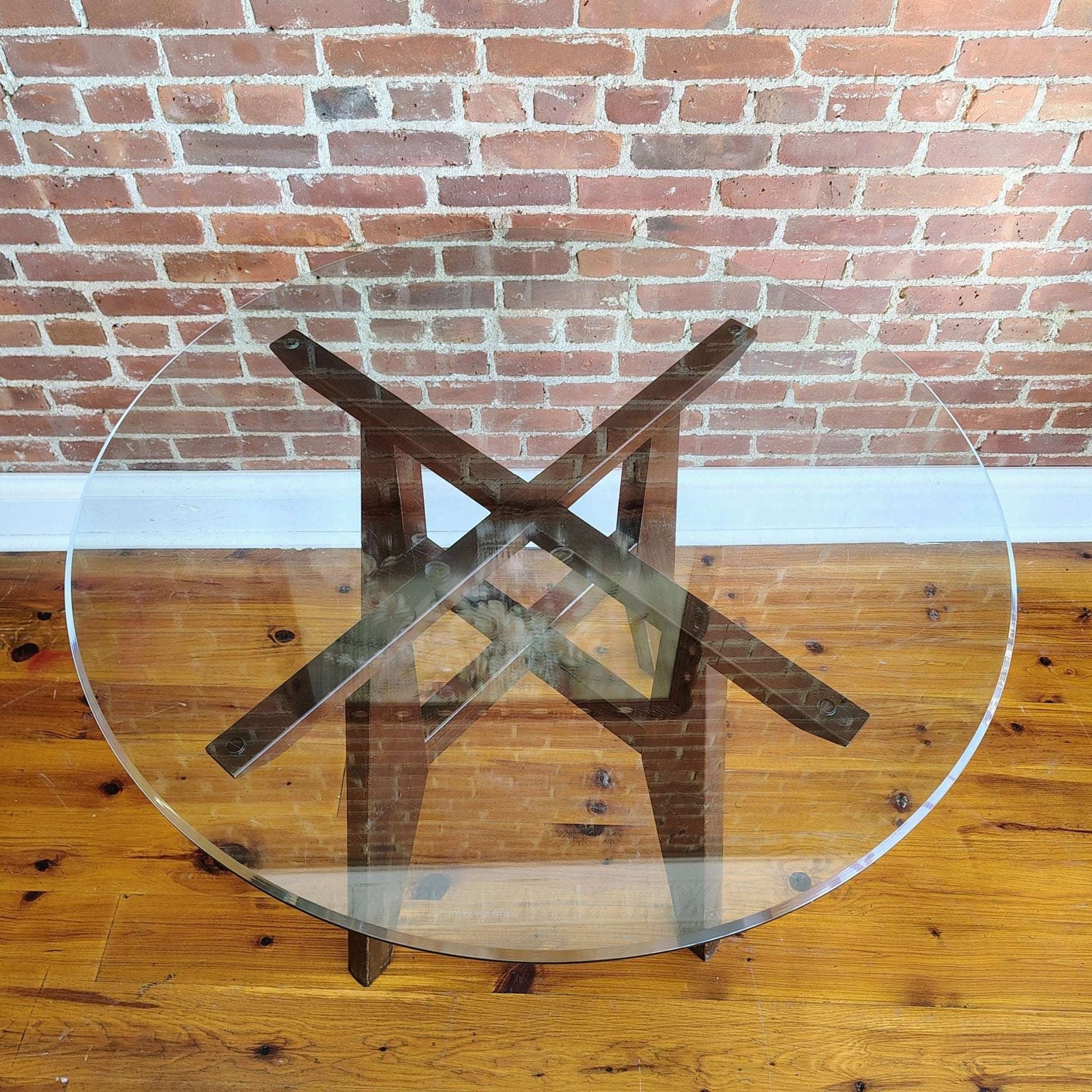 Ethan Allen American Impressions Round Glass Dining Table — 42" diameter, X-Brace Base, USA - Loom Vintage