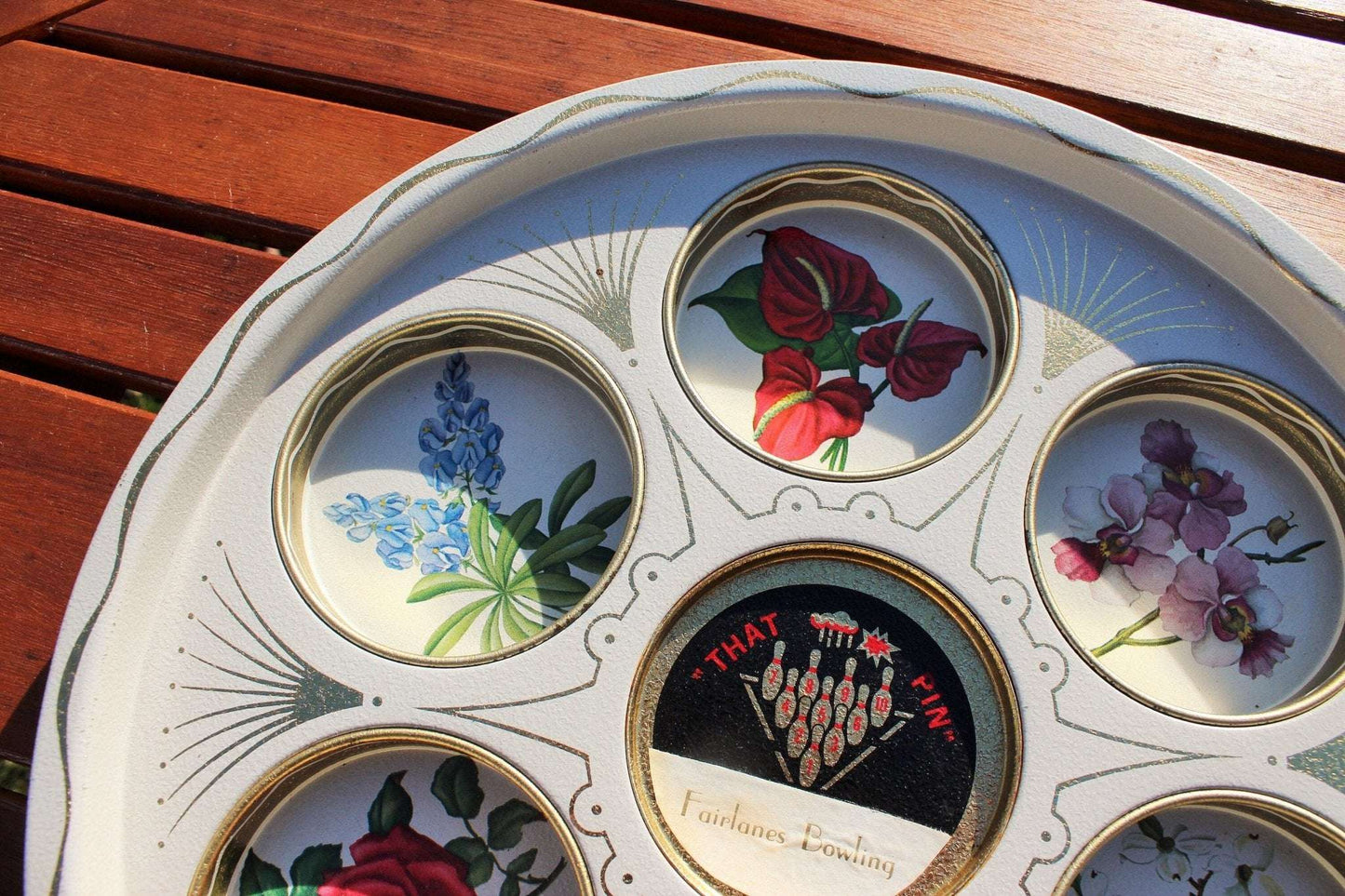 Fairlanes Bowling "That Pin" Souvenir Metal Tray — Stamped Floral, Gold Tone, 11" diameter - Loom Vintage