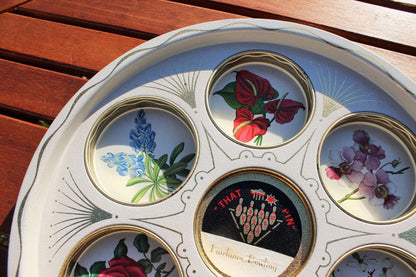 Fairlanes Bowling "That Pin" Souvenir Metal Tray — Stamped Floral, Gold Tone, 11" diameter - Loom Vintage
