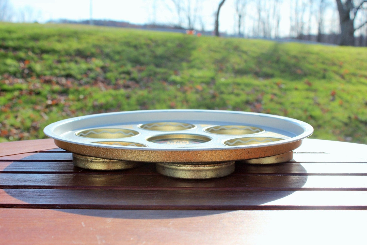 Fairlanes Bowling "That Pin" Souvenir Metal Tray — Stamped Floral, Gold Tone, 11" diameter - Loom Vintage