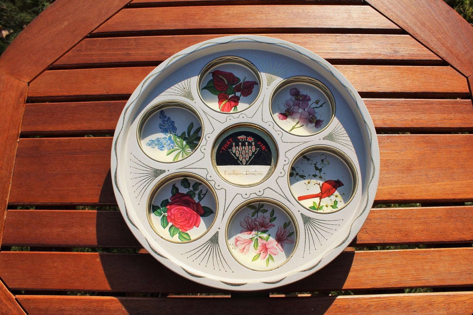 Fairlanes Bowling "That Pin" Souvenir Metal Tray — Stamped Floral, Gold Tone, 11" diameter - Loom Vintage