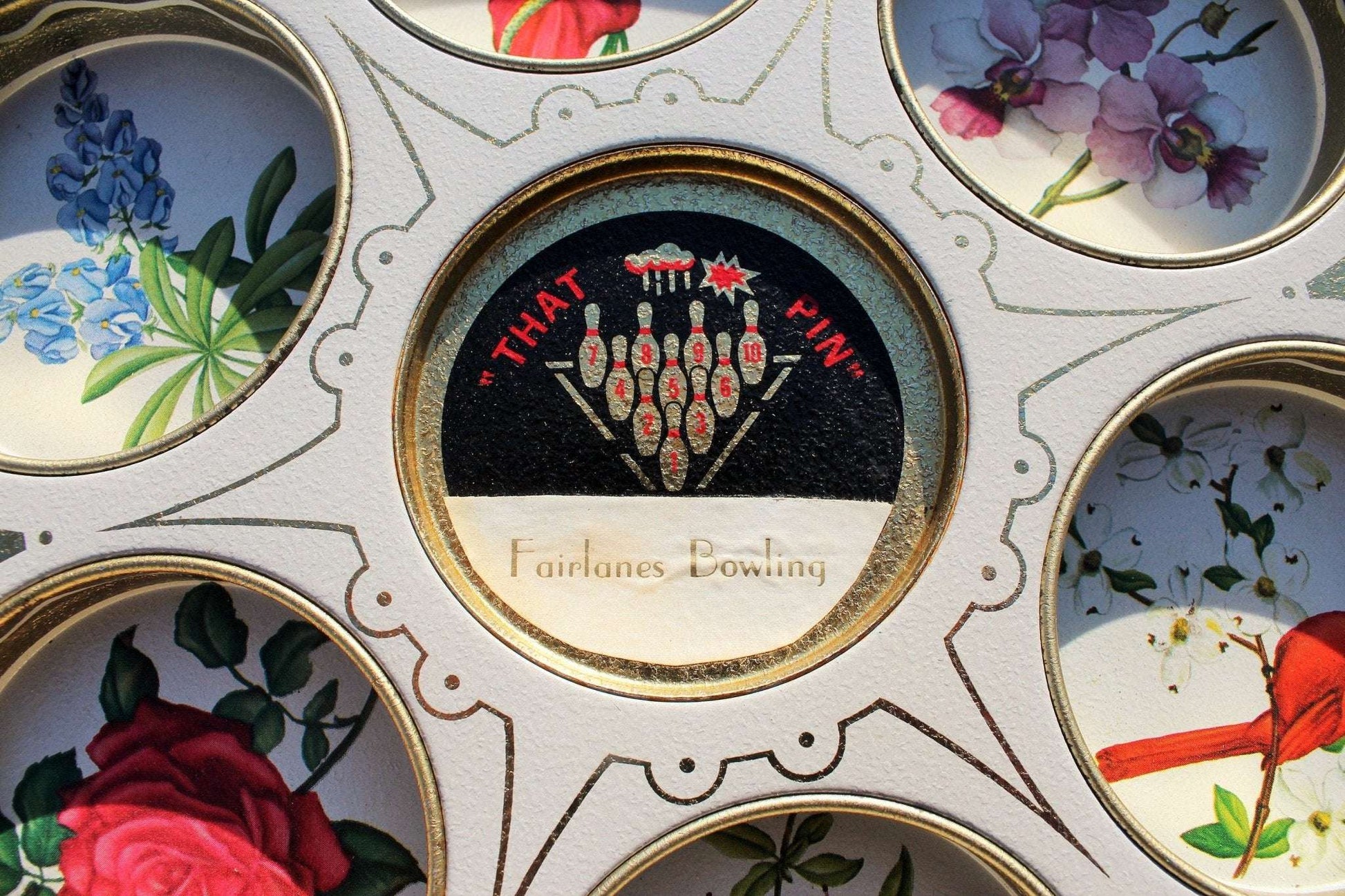 Fairlanes Bowling "That Pin" Souvenir Metal Tray — Stamped Floral, Gold Tone, 11" diameter - Loom Vintage