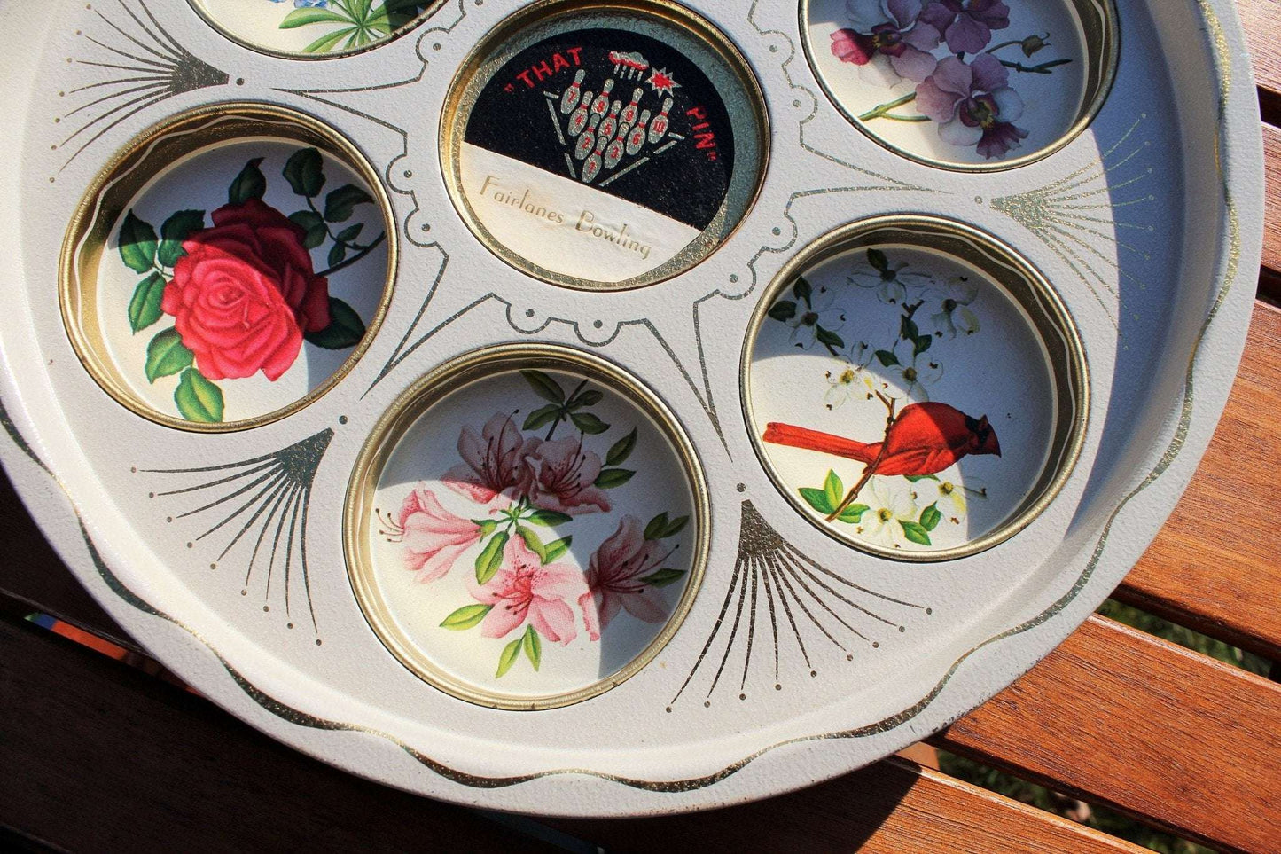 Fairlanes Bowling "That Pin" Souvenir Metal Tray — Stamped Floral, Gold Tone, 11" diameter - Loom Vintage