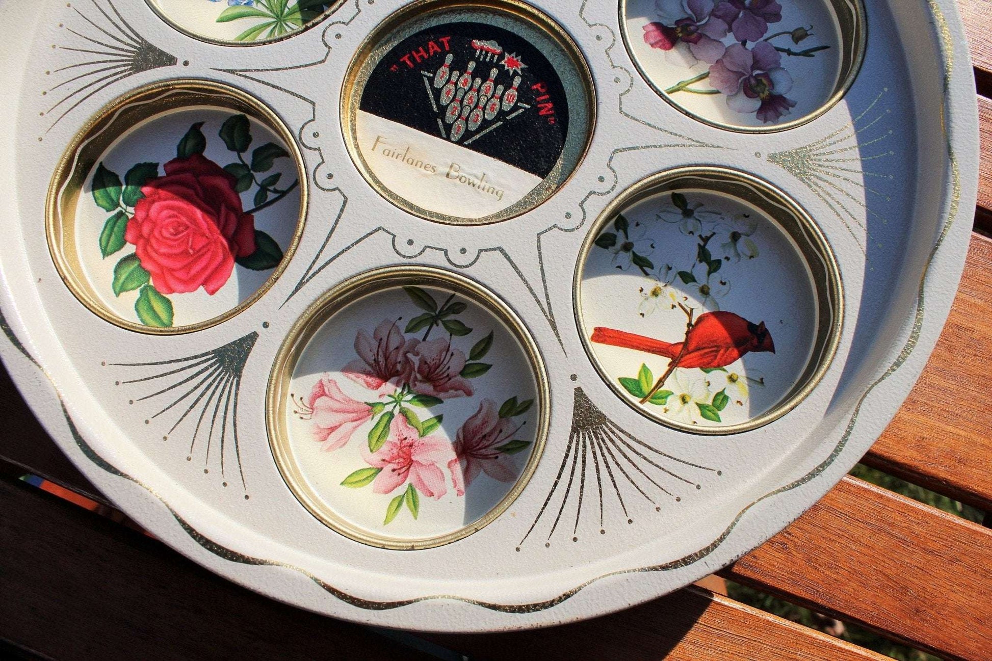 Fairlanes Bowling "That Pin" Souvenir Metal Tray — Stamped Floral, Gold Tone, 11" diameter - Loom Vintage