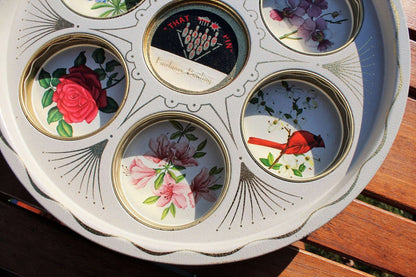 Fairlanes Bowling "That Pin" Souvenir Metal Tray — Stamped Floral, Gold Tone, 11" diameter - Loom Vintage