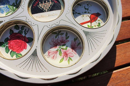 Fairlanes Bowling "That Pin" Souvenir Metal Tray — Stamped Floral, Gold Tone, 11" diameter - Loom Vintage
