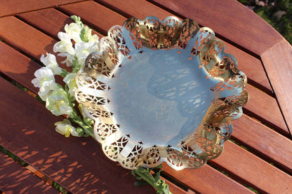 Filigree Footed Brass Bowl, Scalloped Edge, Dessau Brass Footed Dish, West Germany Trinket Bowl, Change Dish, Gold Incense Dish Sage Stick - Loom Vintage