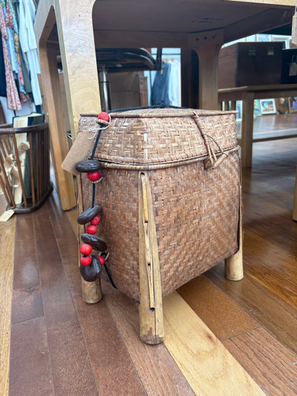 Filipino Igorot Woven Rice Basket Backpack – Bamboo & Rattan with Beaded Cord - Loom Vintage