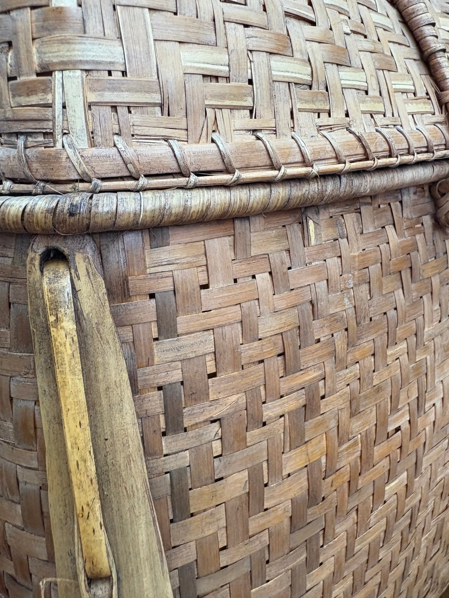 Filipino Igorot Woven Rice Basket Backpack – Bamboo & Rattan with Beaded Cord - Loom Vintage
