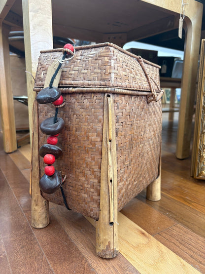 Filipino Igorot Woven Rice Basket Backpack – Bamboo & Rattan with Beaded Cord - Loom Vintage