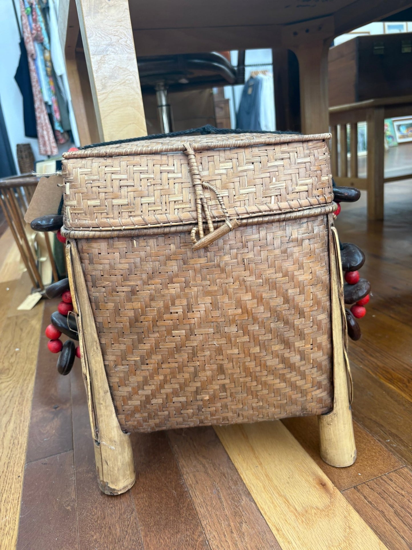 Filipino Igorot Woven Rice Basket Backpack – Bamboo & Rattan with Beaded Cord - Loom Vintage