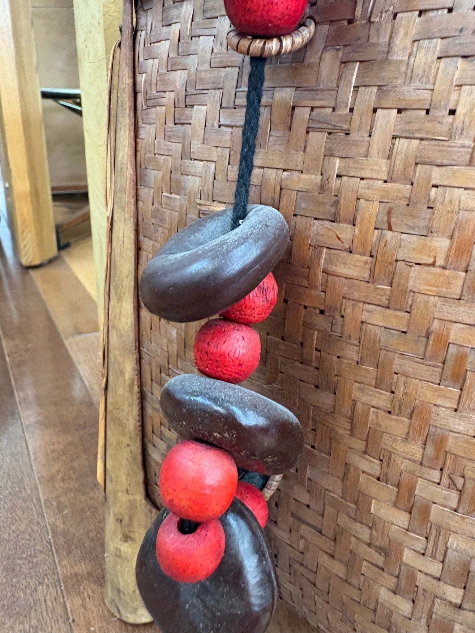 Filipino Igorot Woven Rice Basket Backpack – Bamboo & Rattan with Beaded Cord - Loom Vintage