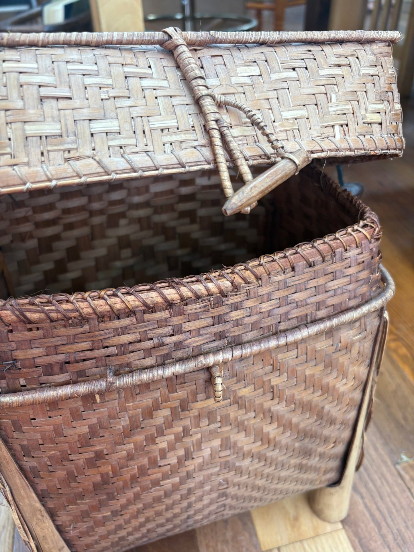 Filipino Igorot Woven Rice Basket Backpack – Bamboo & Rattan with Beaded Cord - Loom Vintage