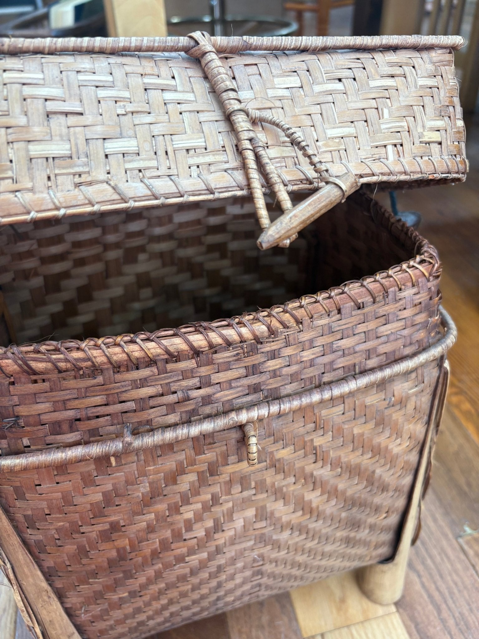 Filipino Igorot Woven Rice Basket Backpack – Bamboo & Rattan with Beaded Cord - Loom Vintage