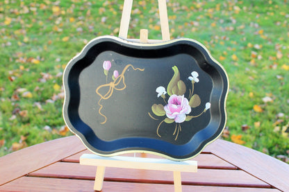 Fine Arts Studio Hand - Painted Tole Tray — Pink Floral on Black, Philadelphia, c. 1943–1963, 9.25"x7" - Loom Vintage