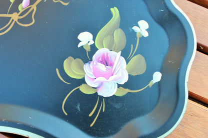 Fine Arts Studio Hand - Painted Tole Tray — Pink Floral on Black, Philadelphia, c. 1943–1963, 9.25"x7" - Loom Vintage