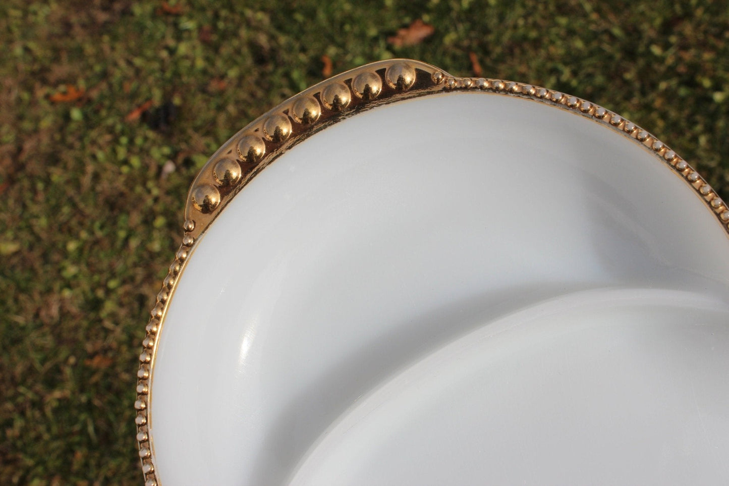 Fire-King Milk Glass Divided Serving Dish — Three Compartments, Gold Dot Trim, 11" x 7.5" - Loom Vintage