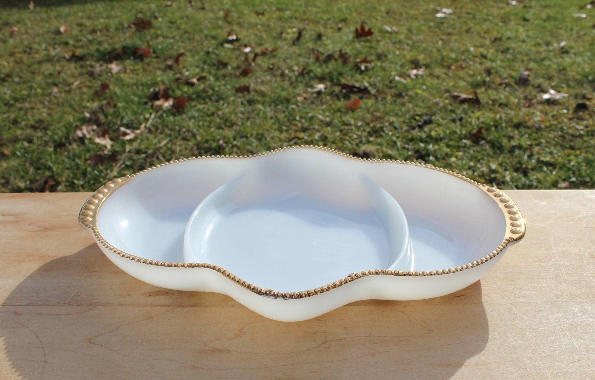 Fire-King Milk Glass Divided Serving Dish — Three Compartments, Gold Dot Trim, 11" x 7.5" - Loom Vintage