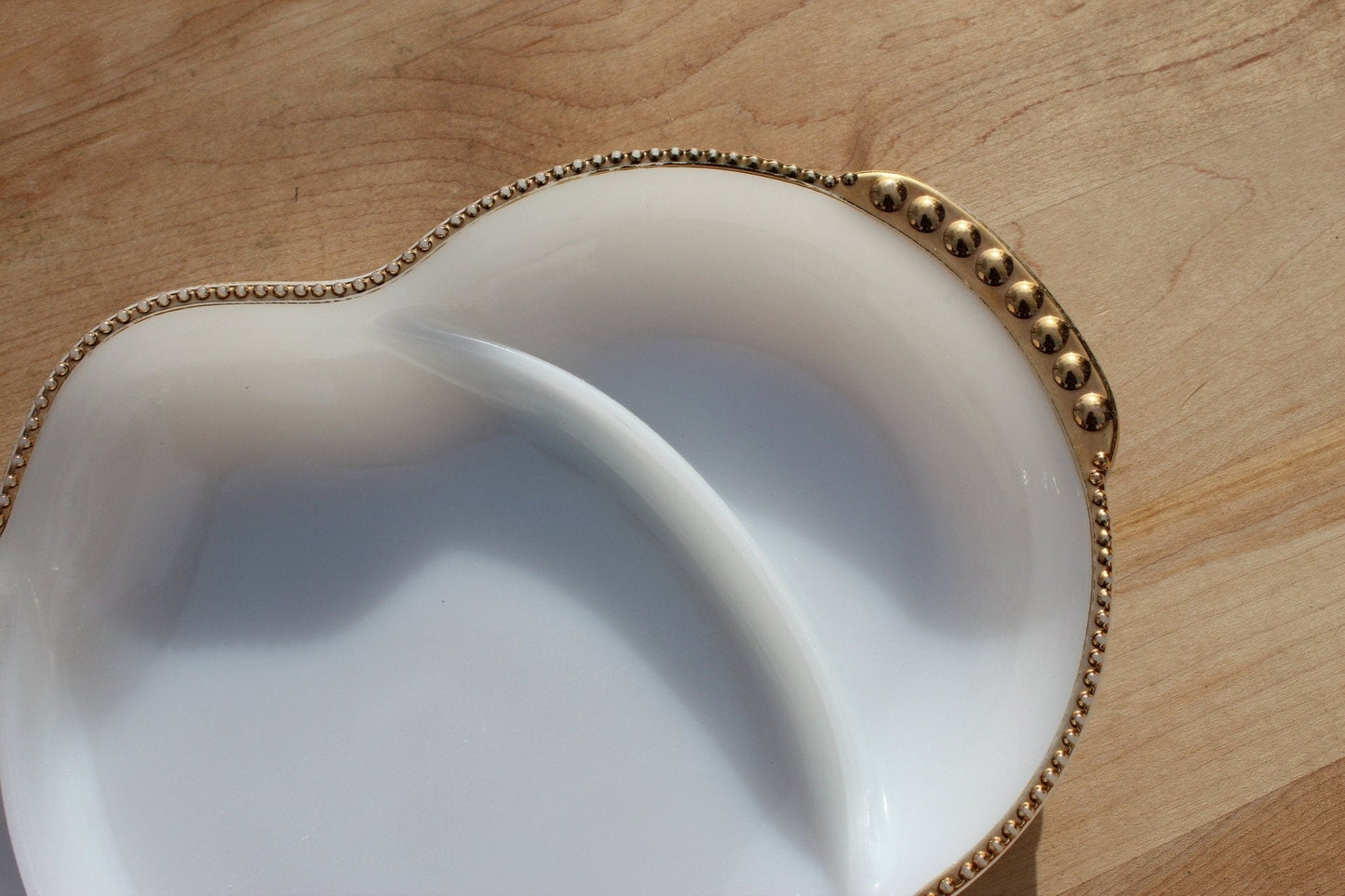 Fire-King Milk Glass Divided Serving Dish — Three Compartments, Gold Dot Trim, 11" x 7.5" - Loom Vintage