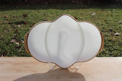 Fire-King Milk Glass Divided Serving Dish — Three Compartments, Gold Dot Trim, 11" x 7.5" - Loom Vintage