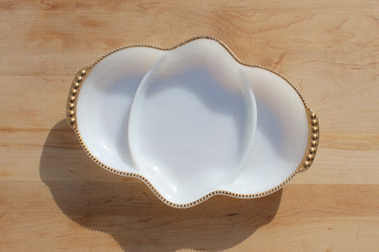 Fire-King Milk Glass Divided Serving Dish — Three Compartments, Gold Dot Trim, 11" x 7.5" - Loom Vintage